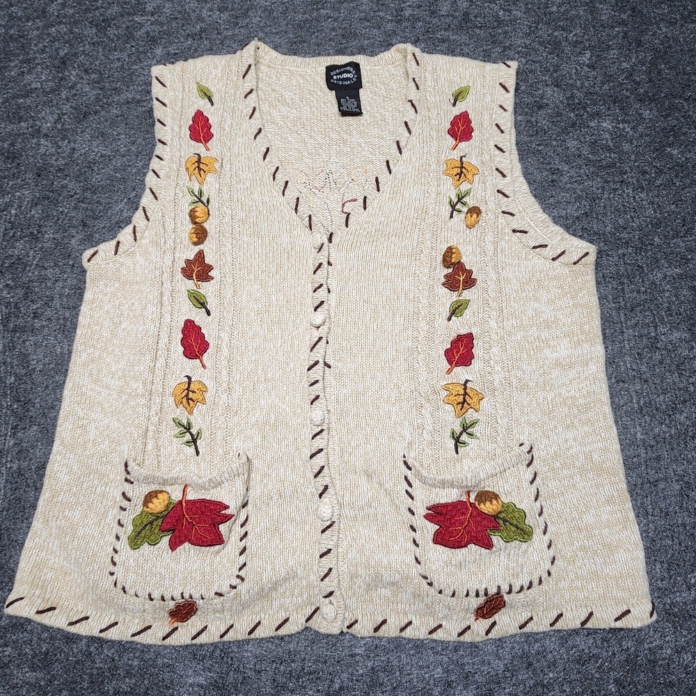 Designer Studio Cardigan Sweater Vest Fall Leaves Autumn Harvest Acorn Small